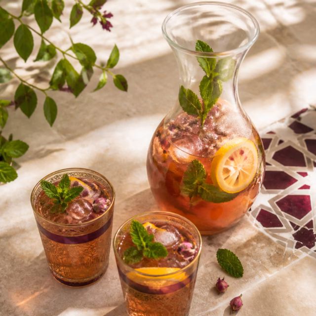 Iced herbal tea with lemon and fresh mint in Moroccan tea glasses