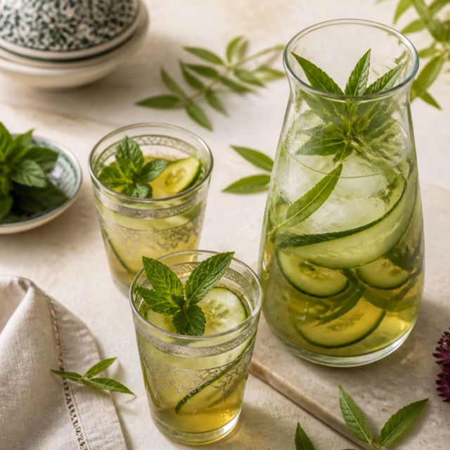 Cold lemon verbena infusion with cucumber and mint