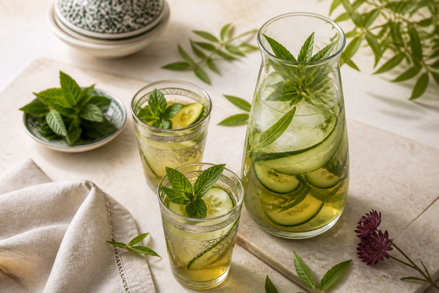 Cold lemon verbena infusion with cucumber and mint