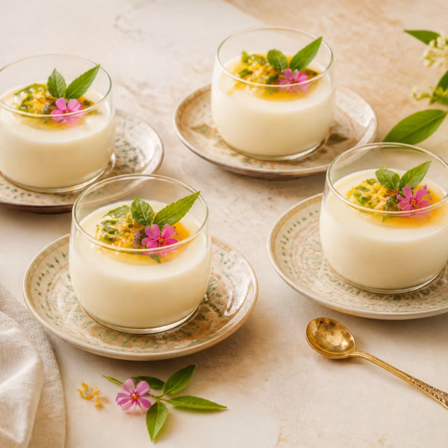 Lemon verbena panna cotta with honey and edible flowers