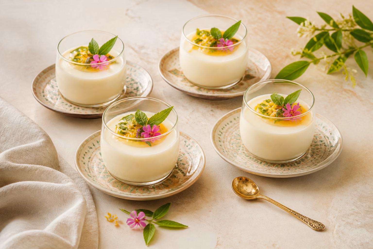 Lemon verbena panna cotta with honey and edible flowers