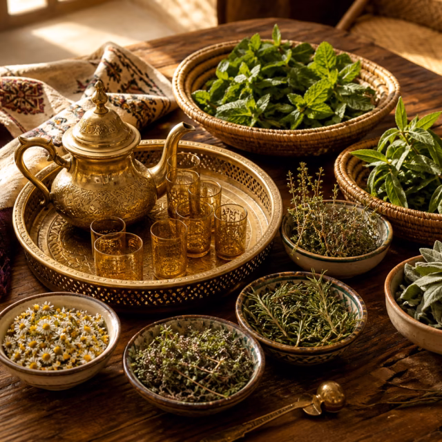 Traditional Moroccan teapot surrounded by fresh and dried herbs