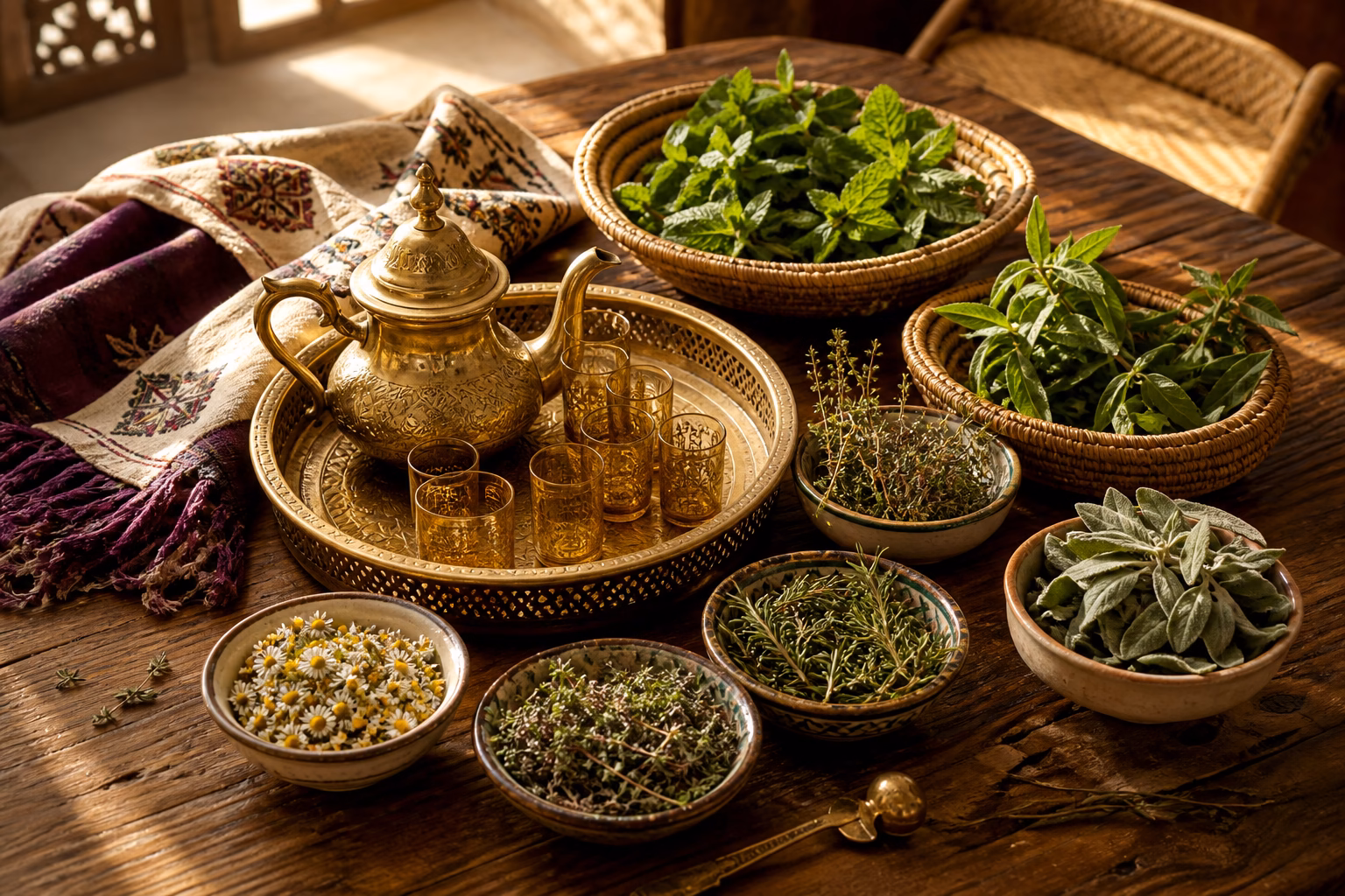 Traditional Moroccan teapot surrounded by fresh and dried herbs