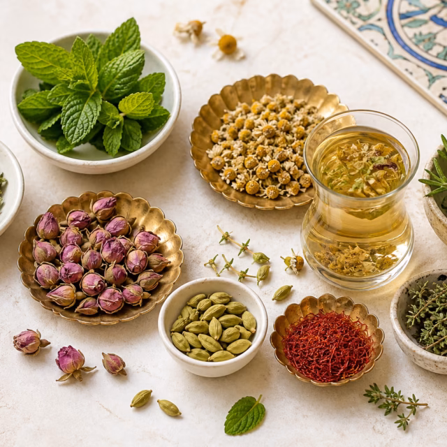 Whole high-quality herbs, flowers and spices arranged for inspection