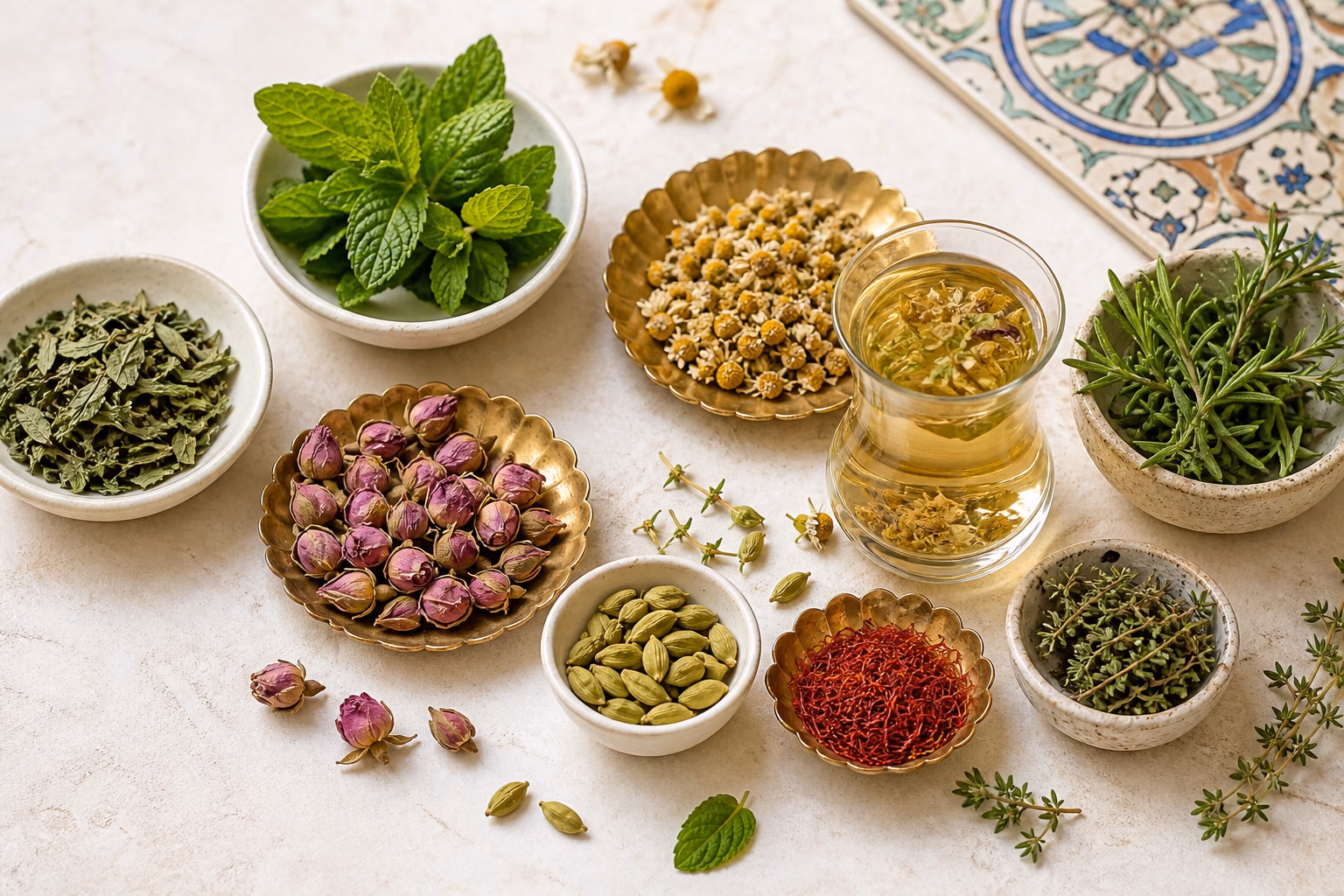 Whole high-quality herbs, flowers and spices arranged for inspection
