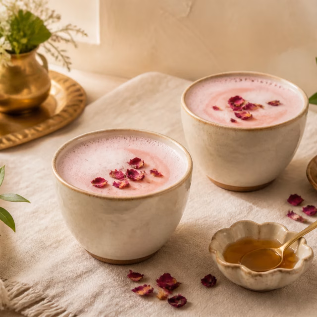 Two rose Malak Tea lattes with honey and dried rose petals