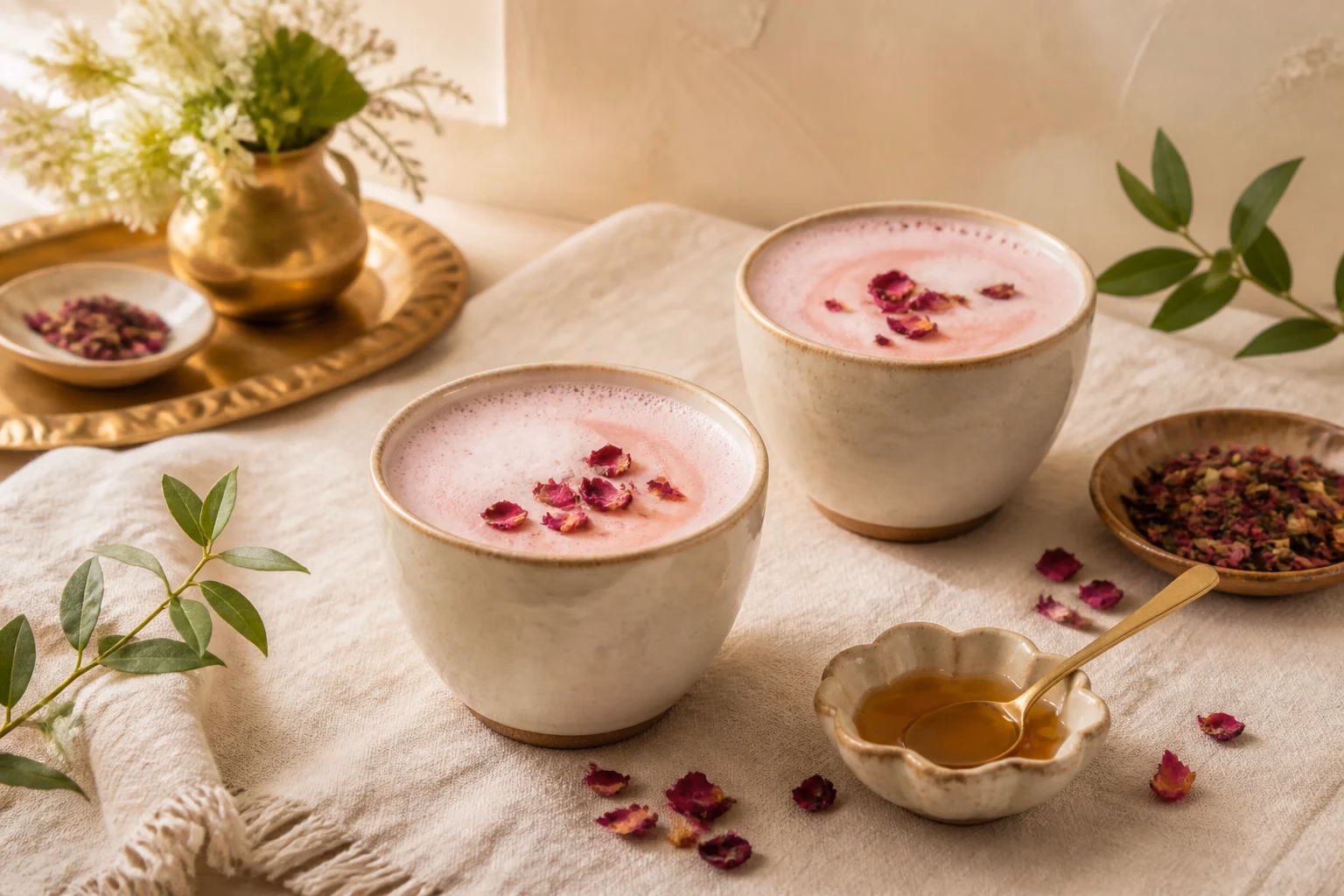 Two rose Malak Tea lattes with honey and dried rose petals