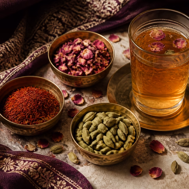 Saffron threads, rose petals and green cardamom beside Moroccan tea