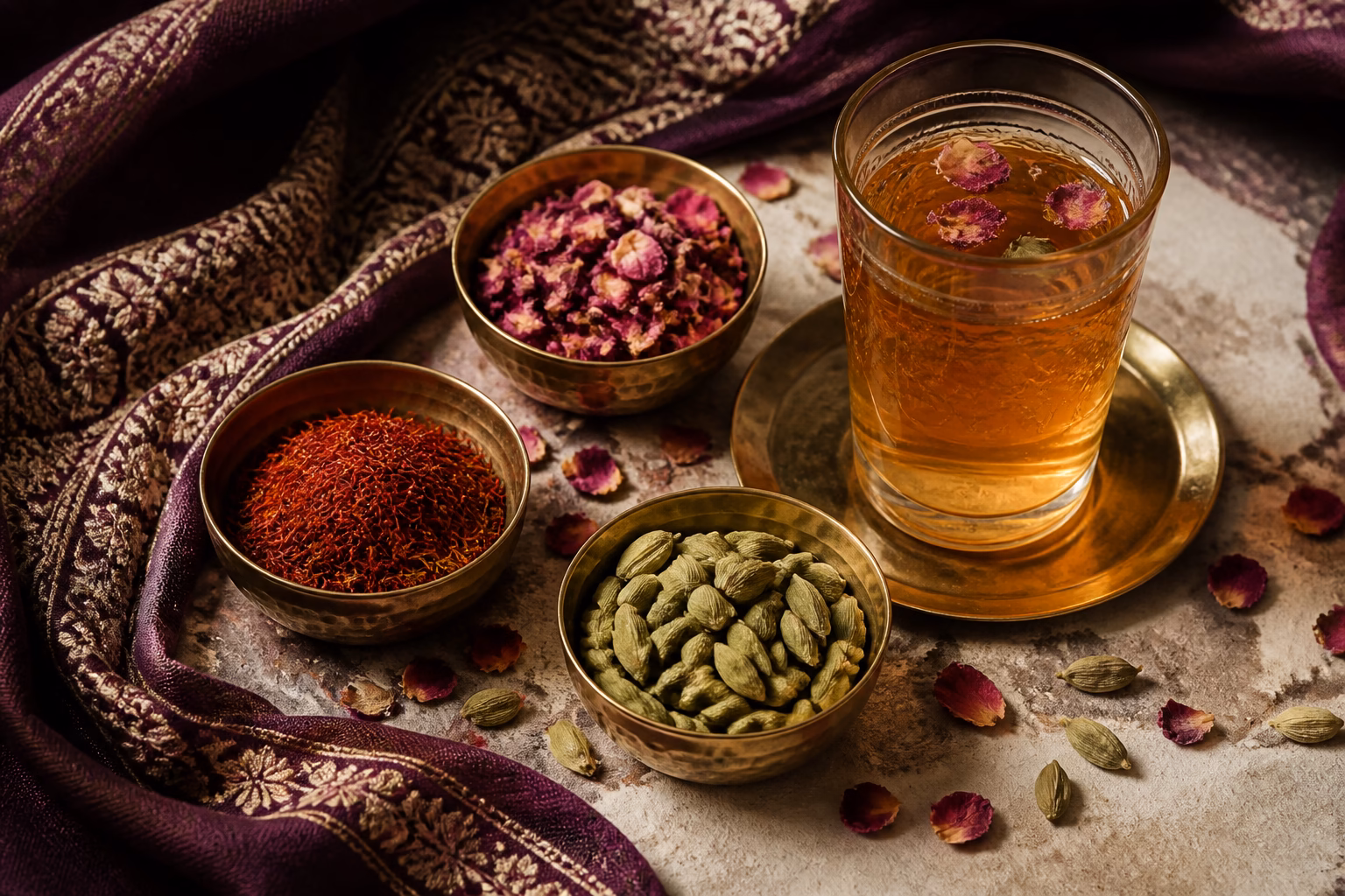Saffron threads, rose petals and green cardamom beside Moroccan tea