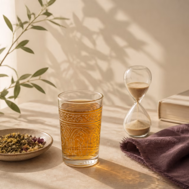 A calm herbal tea ritual with an hourglass and whole botanicals