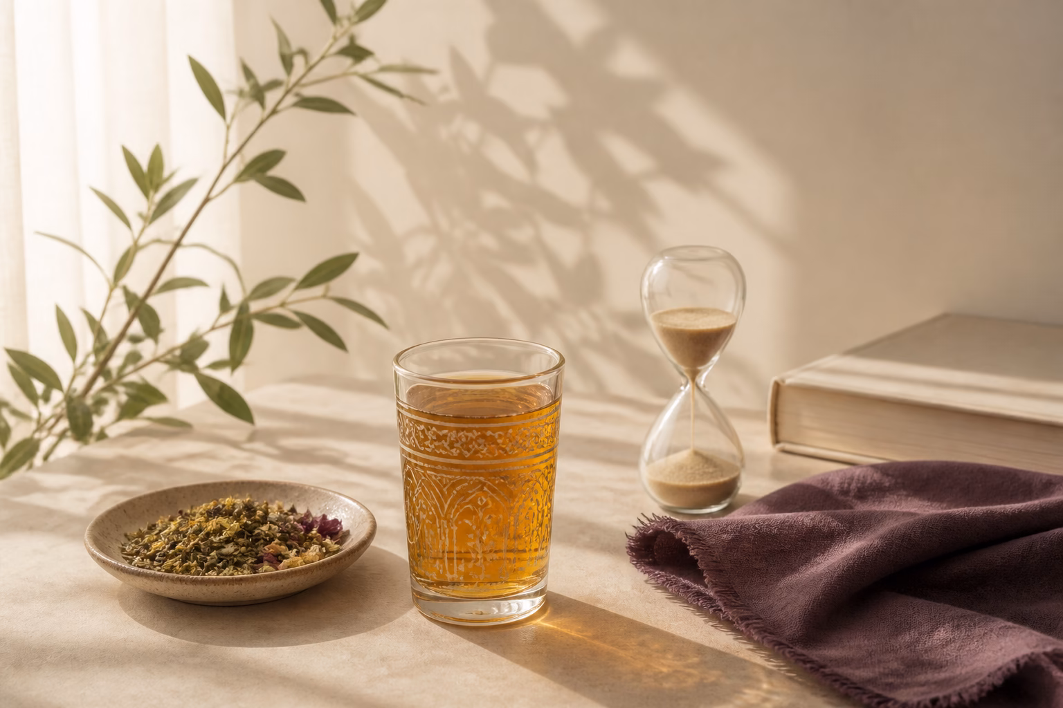 A calm herbal tea ritual with an hourglass and whole botanicals
