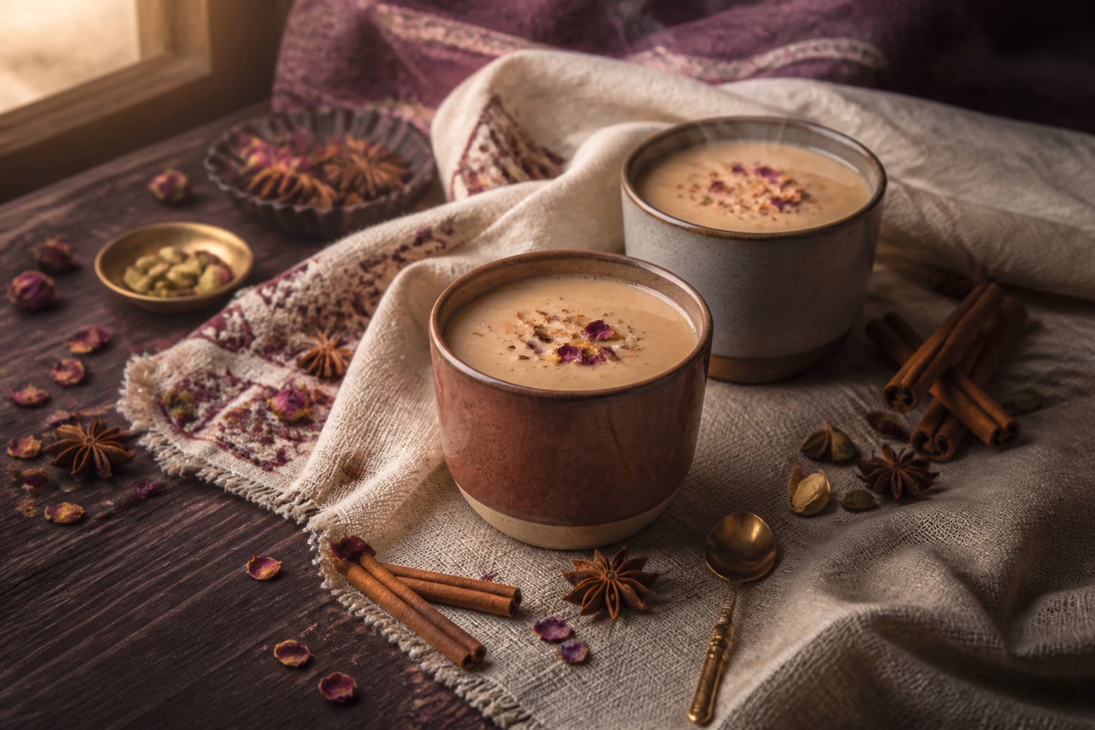 Warm spiced chai with cinnamon, cardamom, star anise and rose